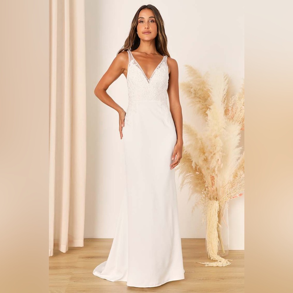Lulus Precious Promise White Satin Embroidered Lace Mermaid Maxi Dress XL 14 NWT
